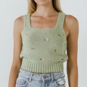 English Factory Floral Embroidered Cottagecore Knit Tank Top Mint Green Medium